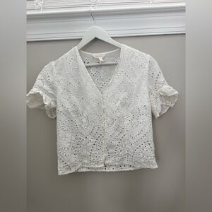White Eyelet Lace Button Front Blouse Ruffle Sleeve Cottagecore Top Size L